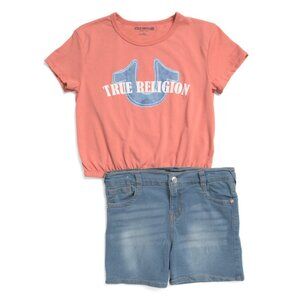 TRUE RELIGION Multi Girls 2pc Horseshoe Logo Tee And Shorts Set